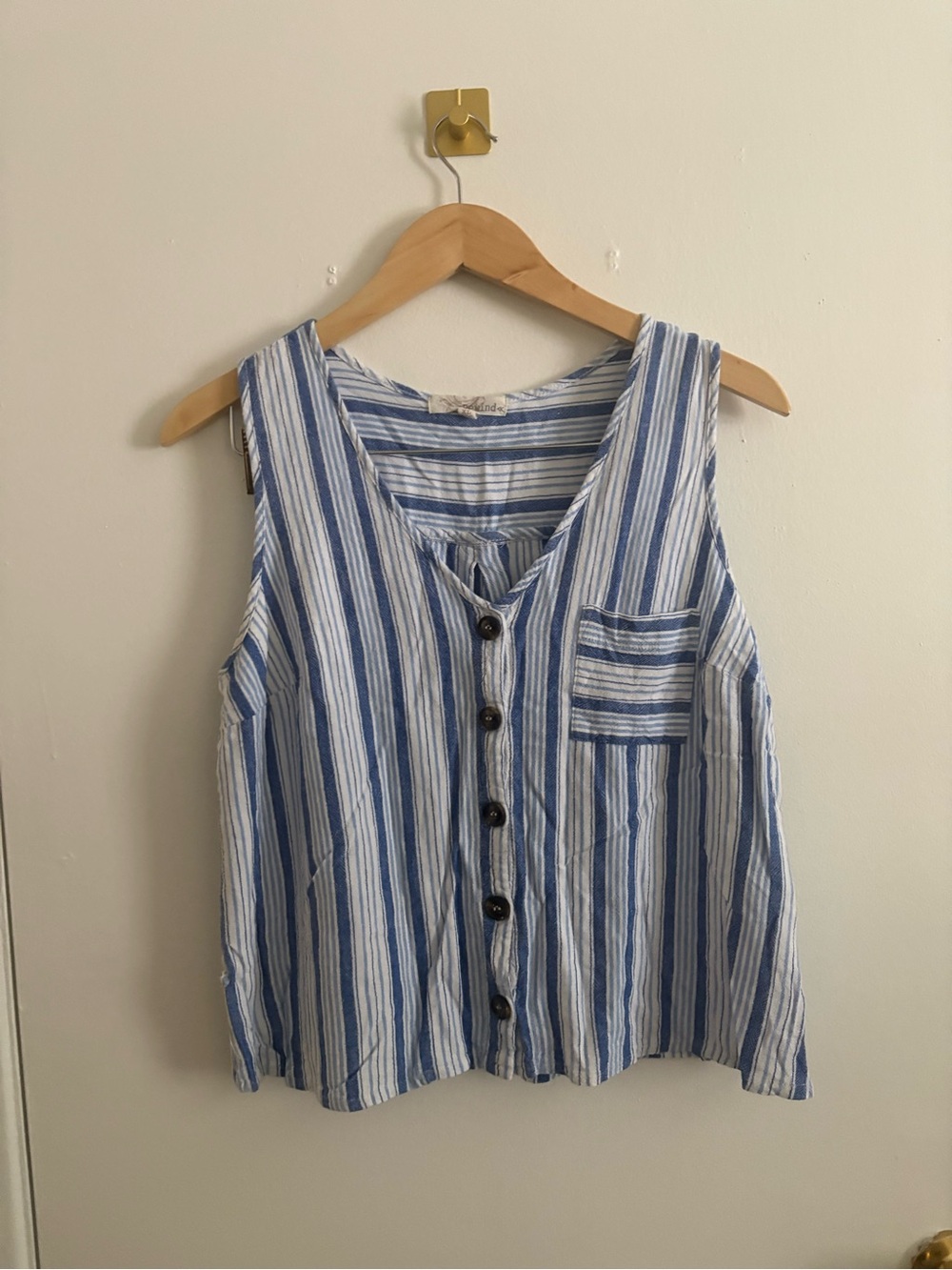 Rewind Blue and White Striped Button Tank